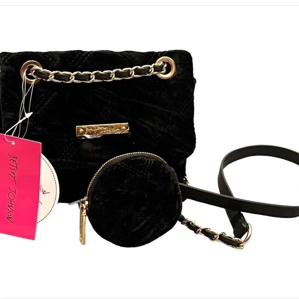 Betsey Johnson Black Velour Chain  CROSSBODY HANDBAG And Airpod ZIP POUCH NWT